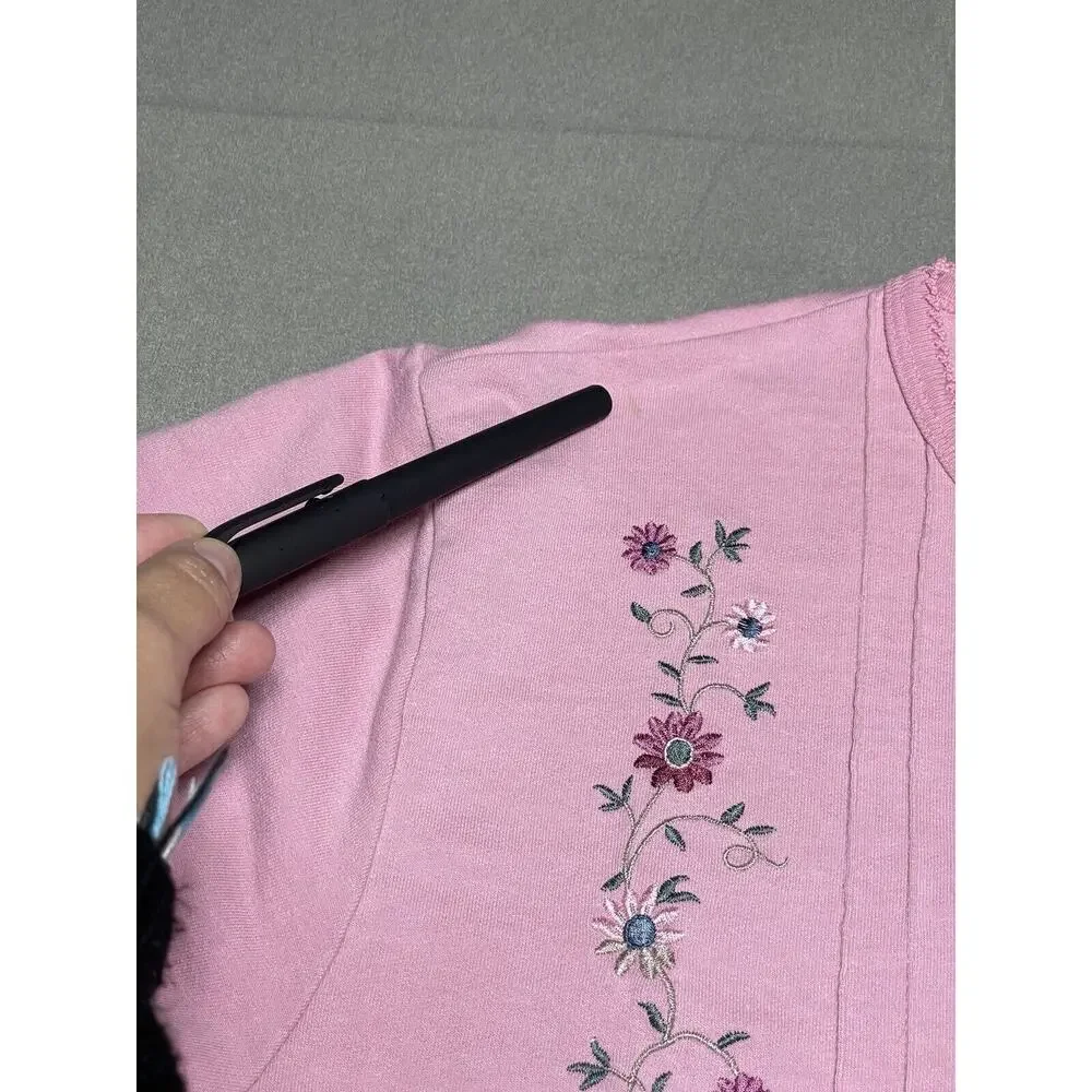 Womens XL Pink Embroidered Shirt 3/4 Sleeves Grandma Cottage Core Floral Cropped